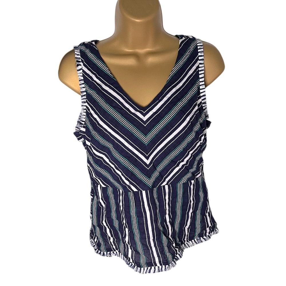 Skies are Blue Boho Stripe Fringe Tank Top Navy Combo S